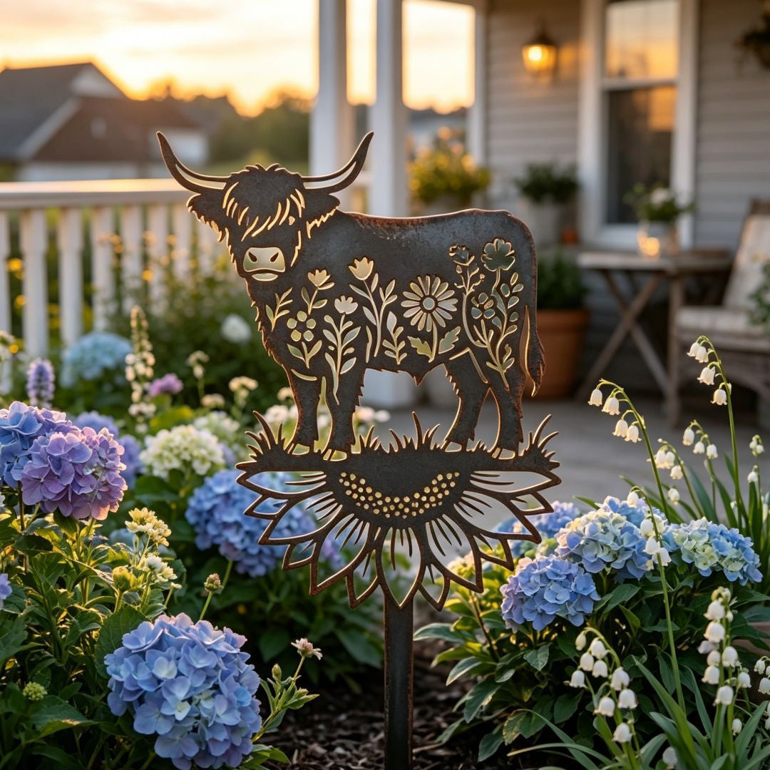 🌻🐂Highland Cow Garden Stake – Rustic Charm for Your Outdoor Space🏆