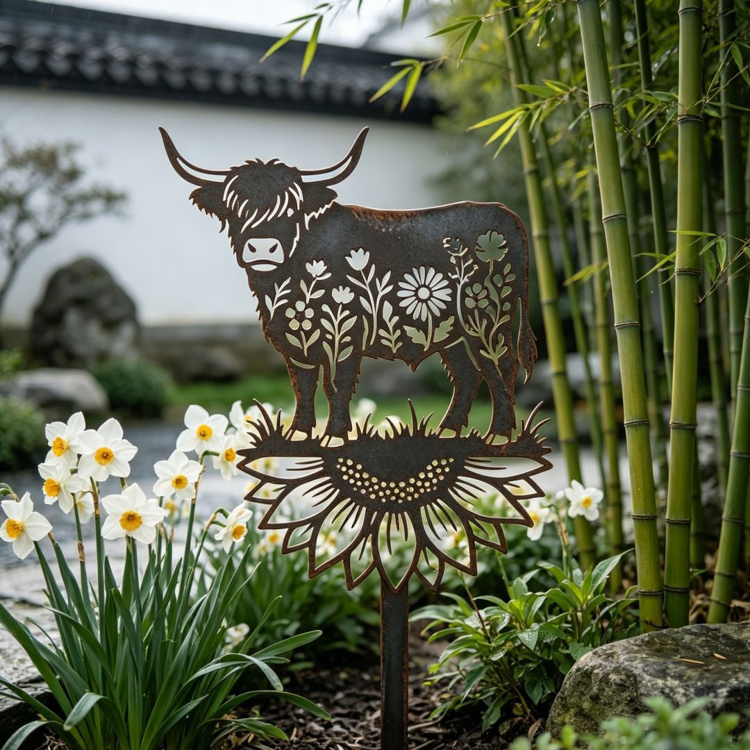🌻🐂Highland Cow Garden Stake – Rustic Charm for Your Outdoor Space🏆