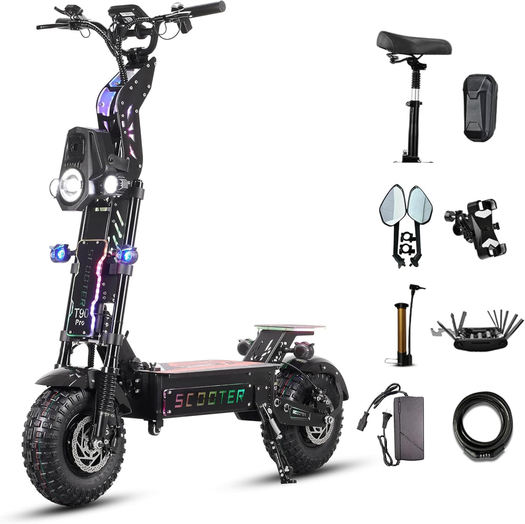 T90 Pro Electric Scooter for Adults, 10000W Dual Motor, 68 MPH Max Speed, 72V Removable Battery, 14" Off-Road Tires 800lbs Max Load, Music Light, Waterproof, 65 Mile Range, Fast E-Scooter🏆