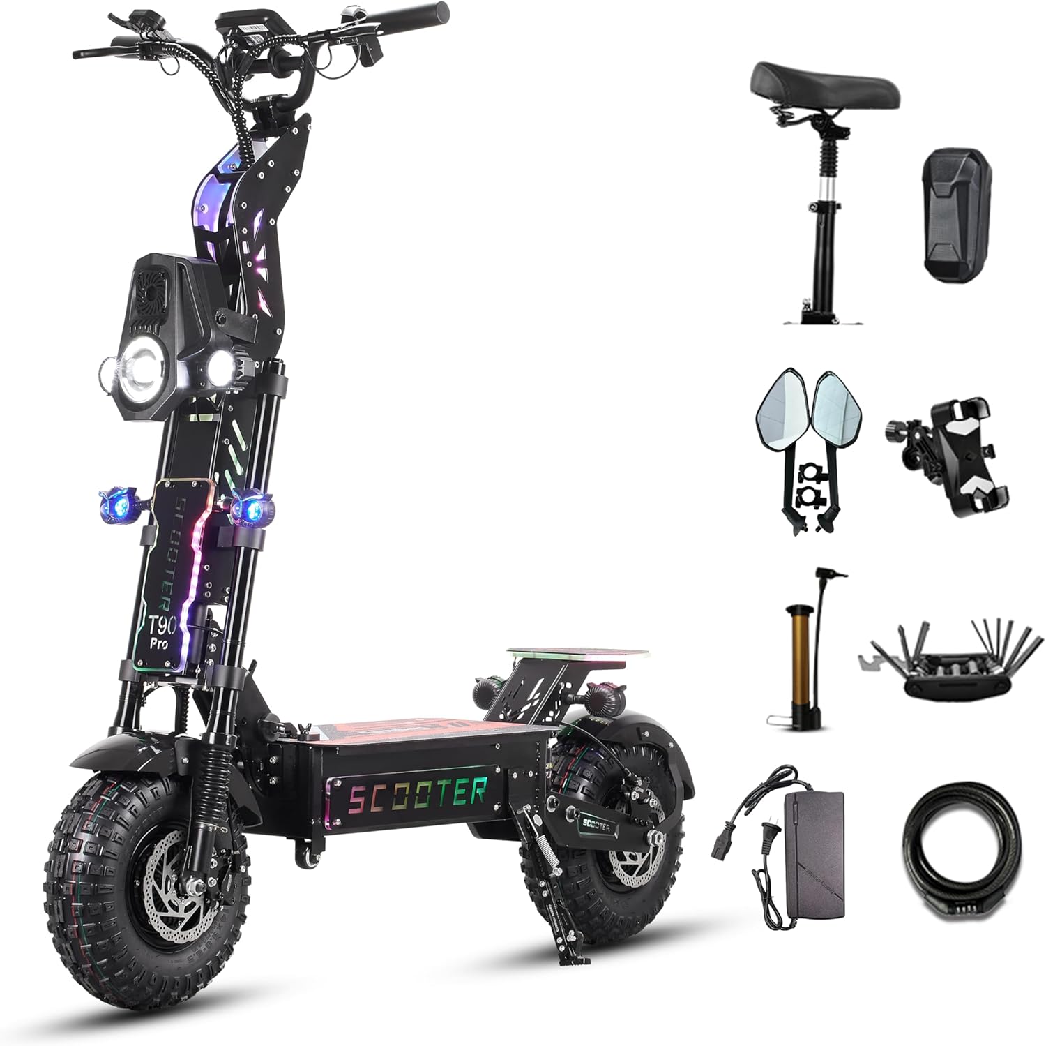 T90 Pro Electric Scooter for Adults, 10000W Dual Motor, 68 MPH Max Speed, 72V Removable Battery, 14" Off-Road Tires 800lbs Max Load, Music Light, Waterproof, 65 Mile Range, Fast E-Scooter🏆
