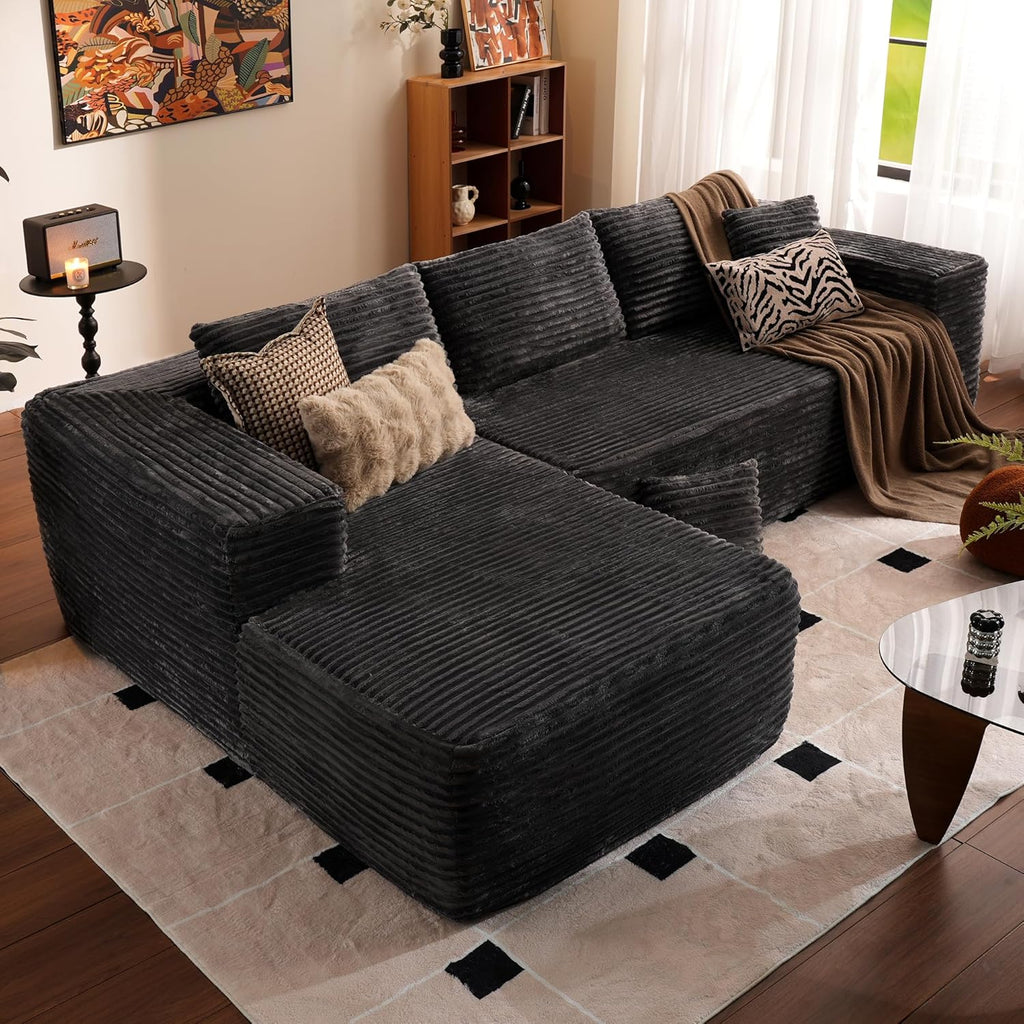 104" Cloud Sectional Couch with L-Shape Chaise,Modern Modular Sofa with Deep Seat, Upholstered Couches for Living Room Bedroom,No Assembly Required, Black (Plush Corduroy Fabric)🏆