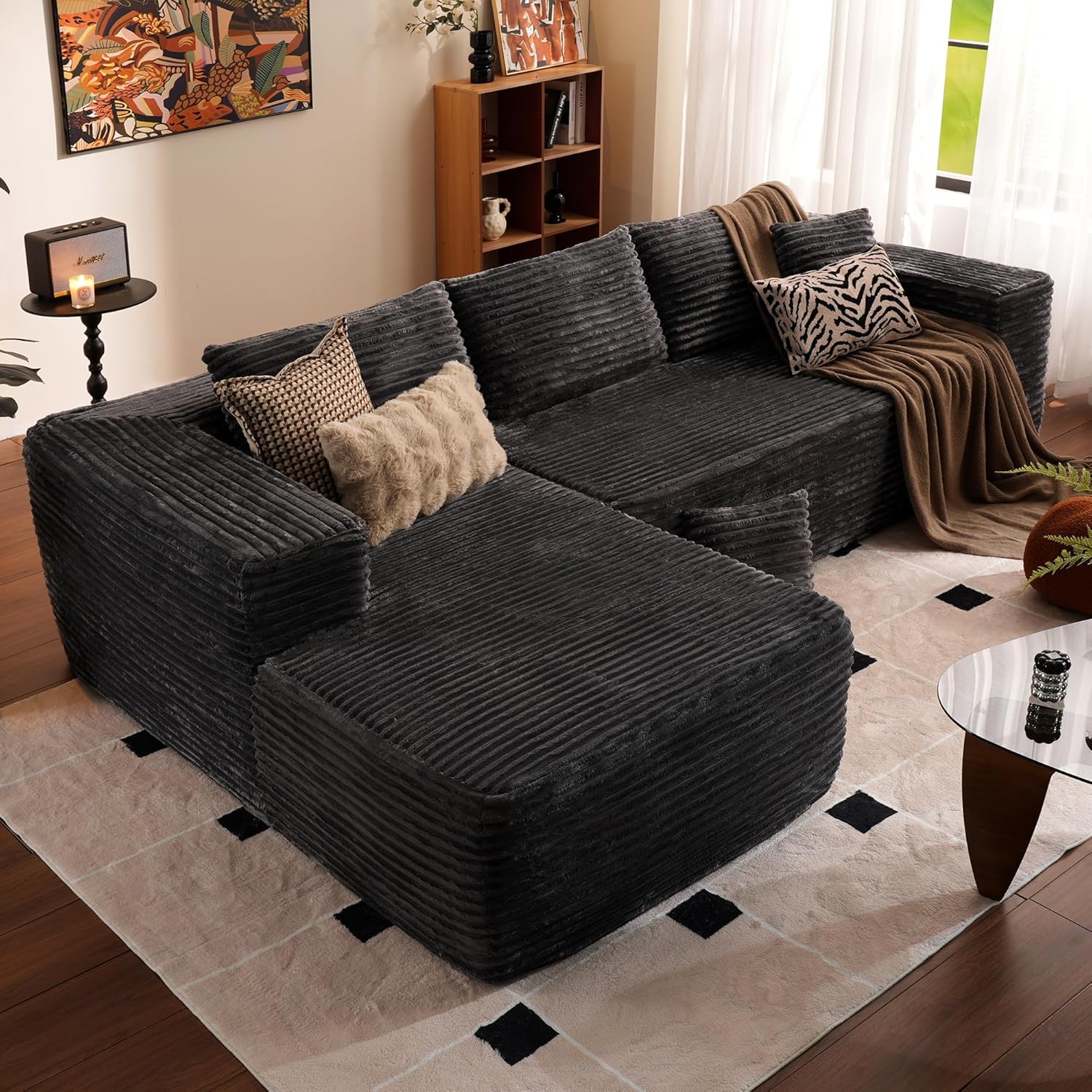 104" Cloud Sectional Couch with L-Shape Chaise,Modern Modular Sofa with Deep Seat, Upholstered Couches for Living Room Bedroom,No Assembly Required, Black (Plush Corduroy Fabric)🏆