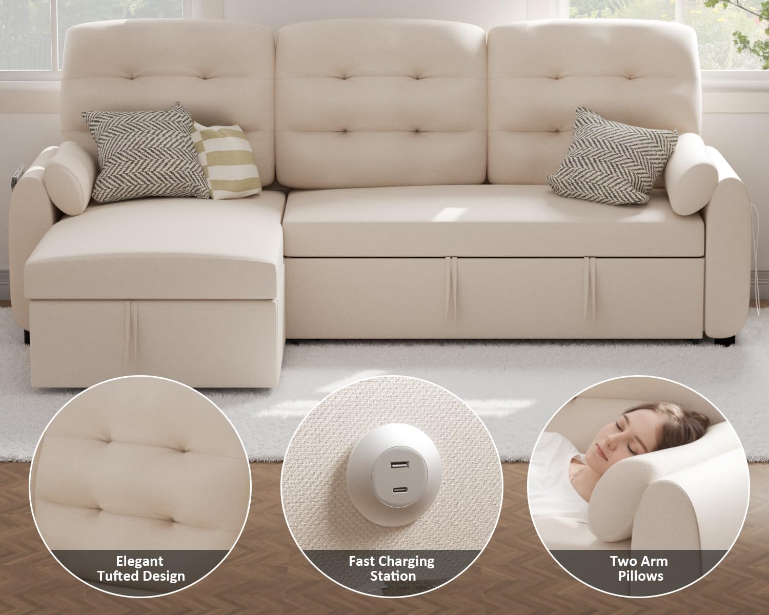 Sectional Sofa Couch, 87" Sleeper Sofa Bed with Reversible Storage Chaise Pull Out Couch🏆