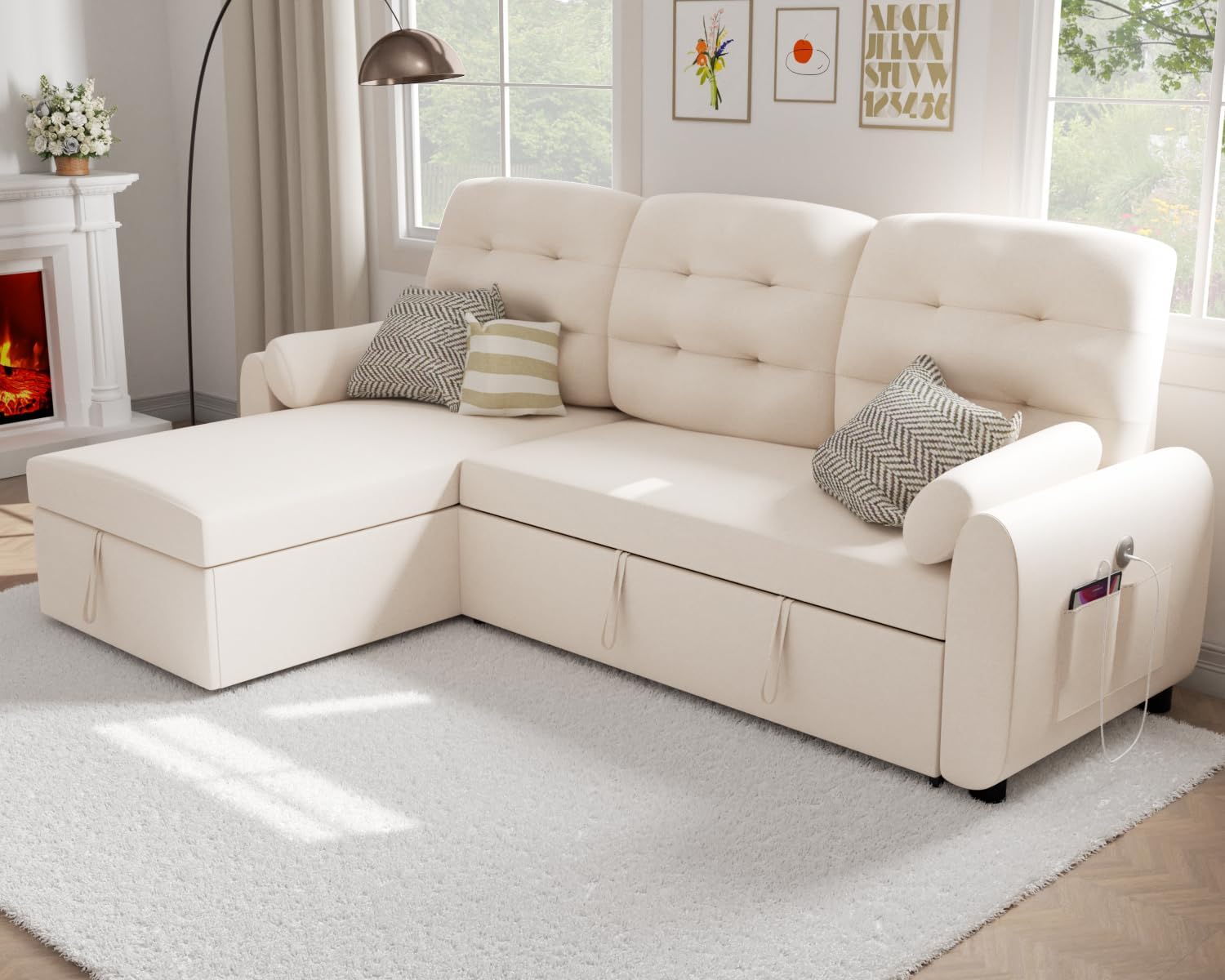 Sectional Sofa Couch, 87" Sleeper Sofa Bed with Reversible Storage Chaise Pull Out Couch🏆