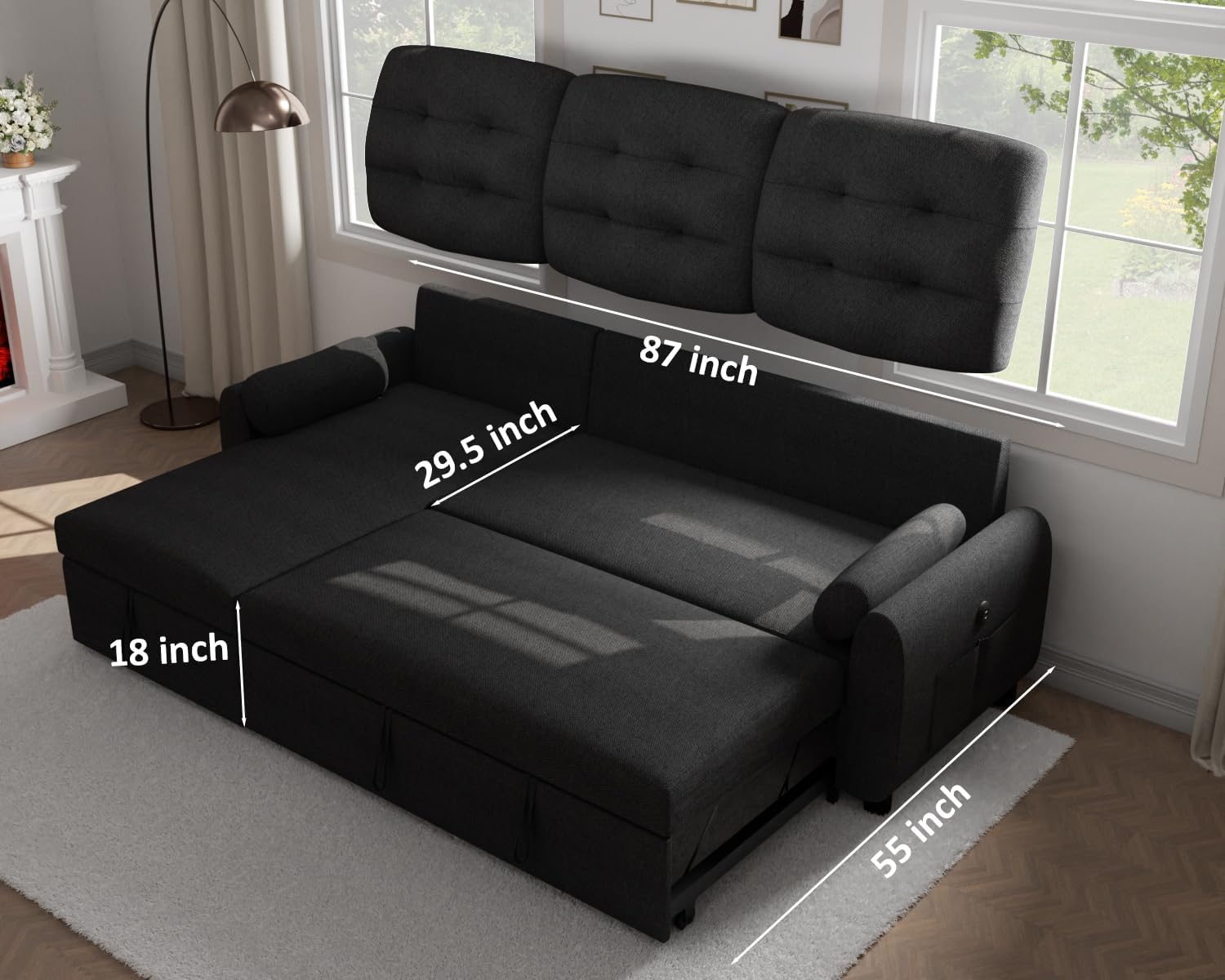 Sectional Sofa Couch, 87" Sleeper Sofa Bed with Reversible Storage Chaise Pull Out Couch🏆