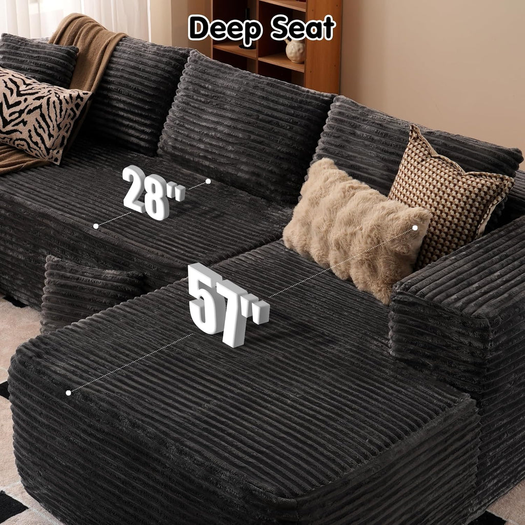 104" Cloud Sectional Couch with L-Shape Chaise,Modern Modular Sofa with Deep Seat, Upholstered Couches for Living Room Bedroom,No Assembly Required, Black (Plush Corduroy Fabric)🏆