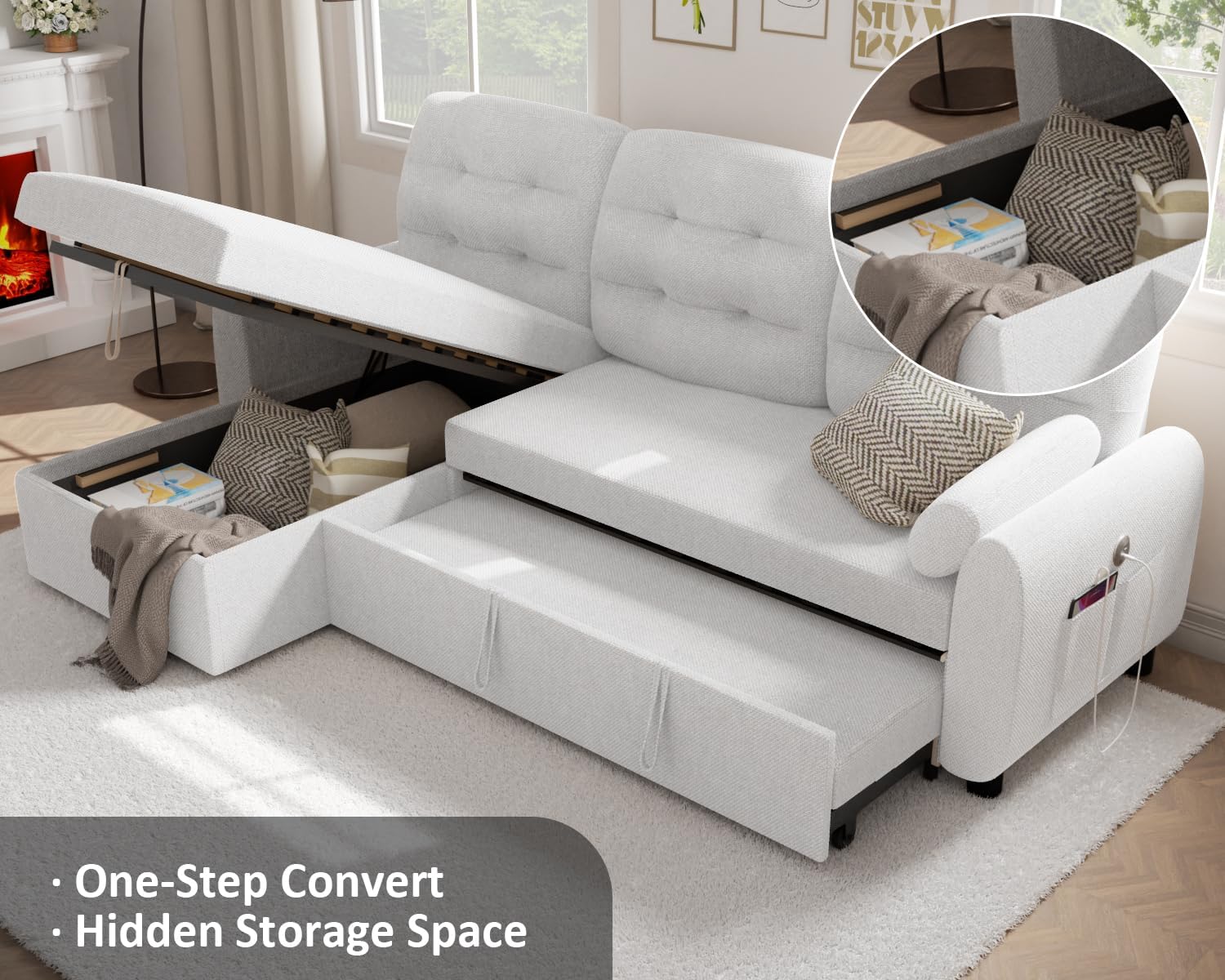 Sectional Sofa Couch, 87" Sleeper Sofa Bed with Reversible Storage Chaise Pull Out Couch🏆