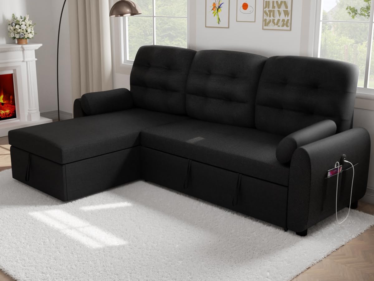 Sectional Sofa Couch, 87" Sleeper Sofa Bed with Reversible Storage Chaise Pull Out Couch🏆