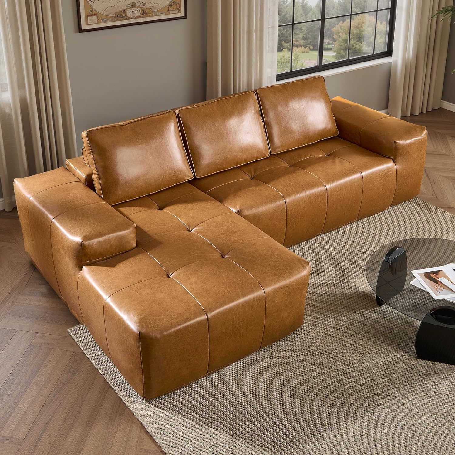 104" Cloud Sectional Couch with L-Shape Chaise,Modern Modular Sofa with Deep Seat, Upholstered Couches for Living Room Bedroom,No Assembly Required, Black (Plush Corduroy Fabric)🏆