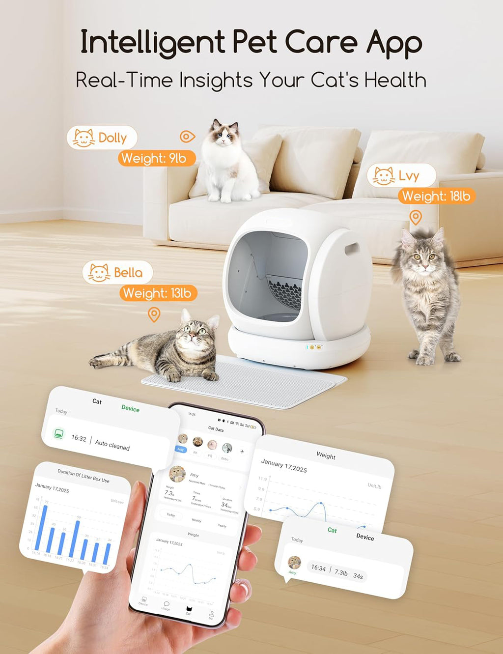 Self Cleaning Cat Litter Box, Open-Top Automatic Cat Litter Box with Safety Protection, App Control, Odor-Free, 75L Large Space for Multiple Cats🏆