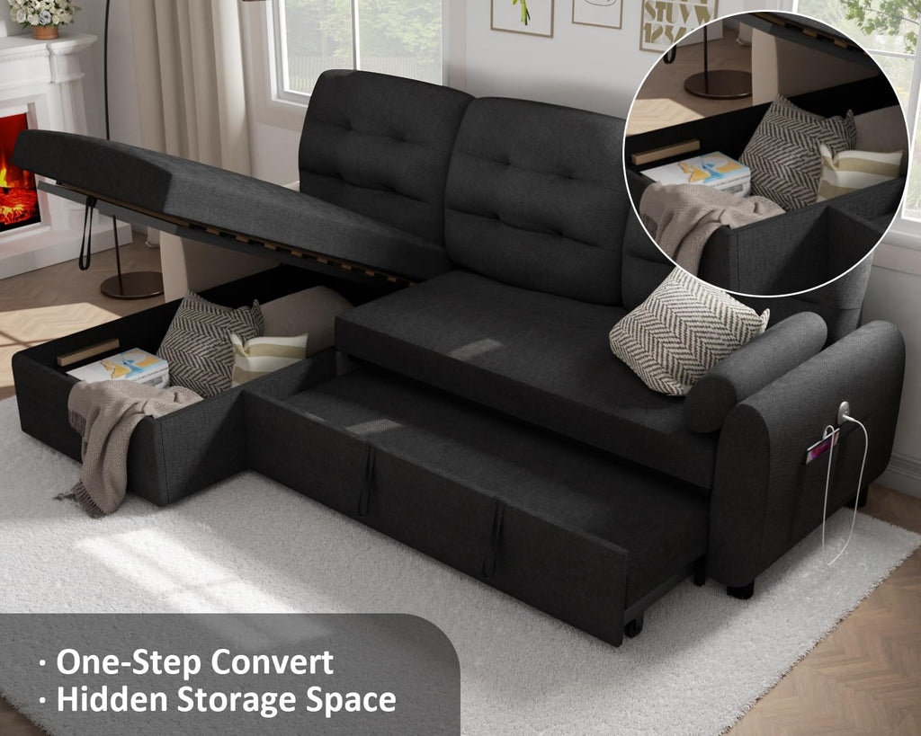 Sectional Sofa Couch, 87" Sleeper Sofa Bed with Reversible Storage Chaise Pull Out Couch🏆
