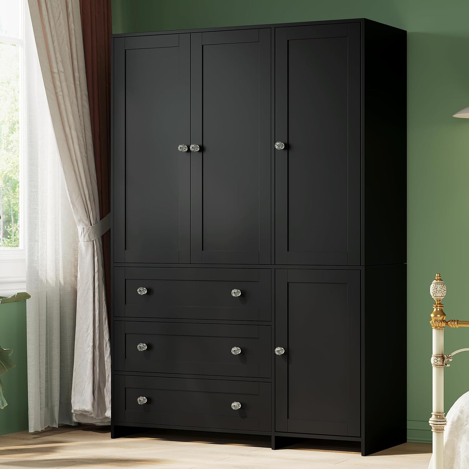Armoire Wardrobe Closet with Drawers and Mirror, 71" Clothing Storage Cabinet with Hanging Rod, 4 Doors Wooden Wardrobe Cabinet for Bedroom, Large Capacity Storage🏆