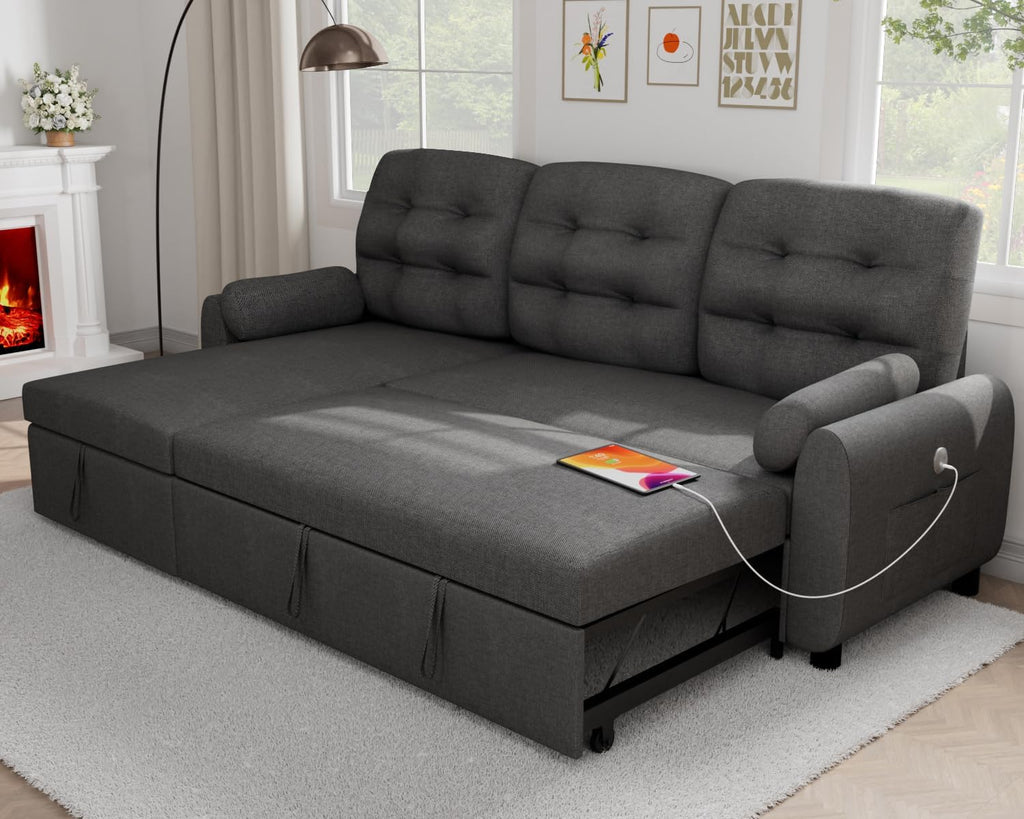 Sectional Sofa Couch, 87" Sleeper Sofa Bed with Reversible Storage Chaise Pull Out Couch🏆