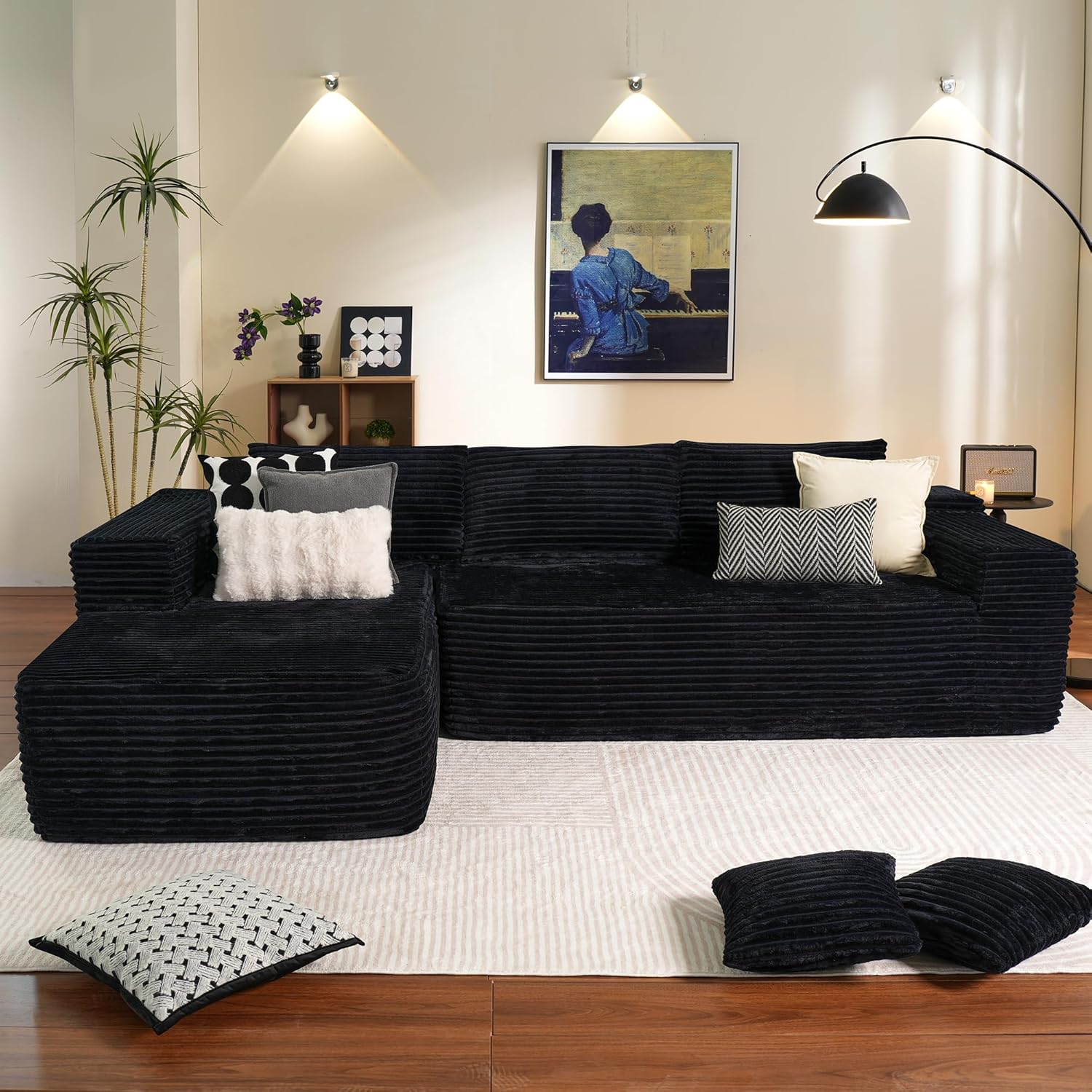 104" Cloud Sectional Couch with L-Shape Chaise,Modern Modular Sofa with Deep Seat, Upholstered Couches for Living Room Bedroom,No Assembly Required, Black (Plush Corduroy Fabric)🏆