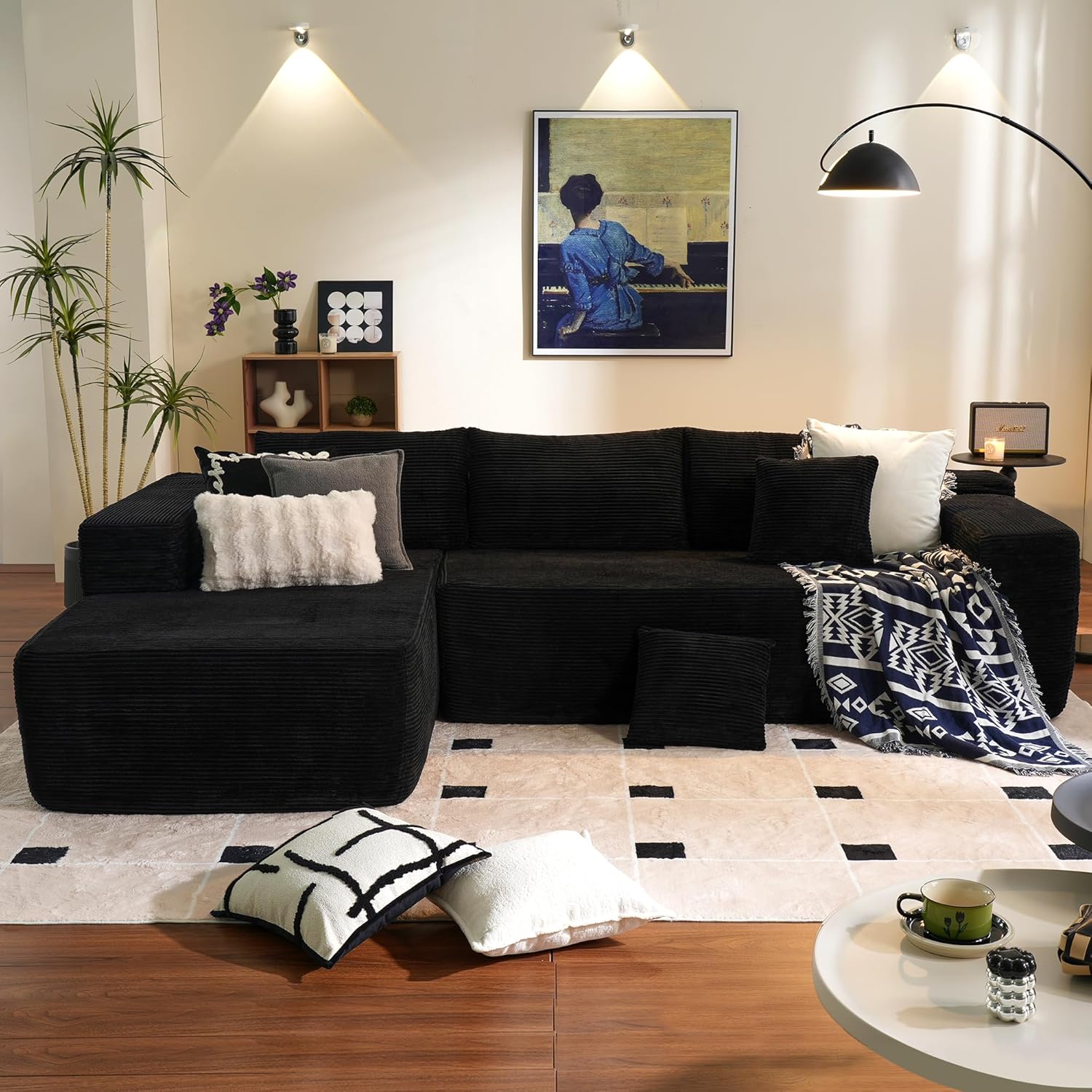104" Cloud Sectional Couch with L-Shape Chaise,Modern Modular Sofa with Deep Seat, Upholstered Couches for Living Room Bedroom,No Assembly Required, Black (Plush Corduroy Fabric)🏆
