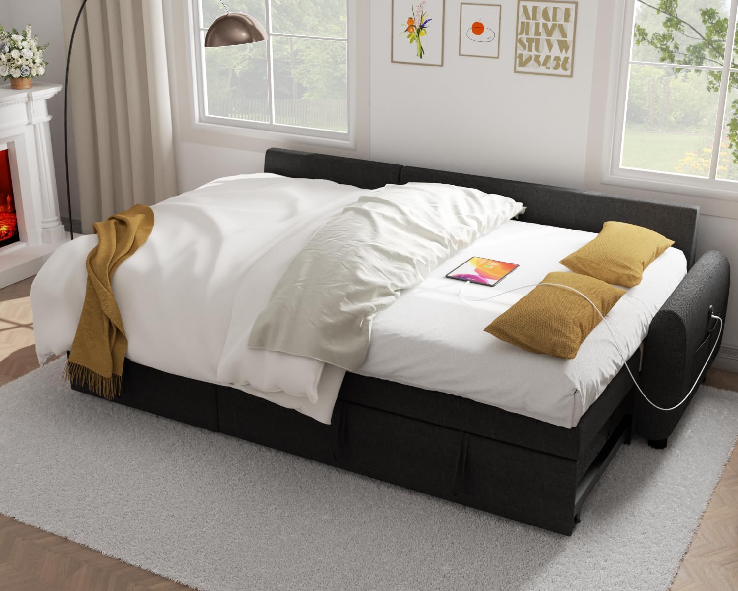 Sectional Sofa Couch, 87" Sleeper Sofa Bed with Reversible Storage Chaise Pull Out Couch🏆