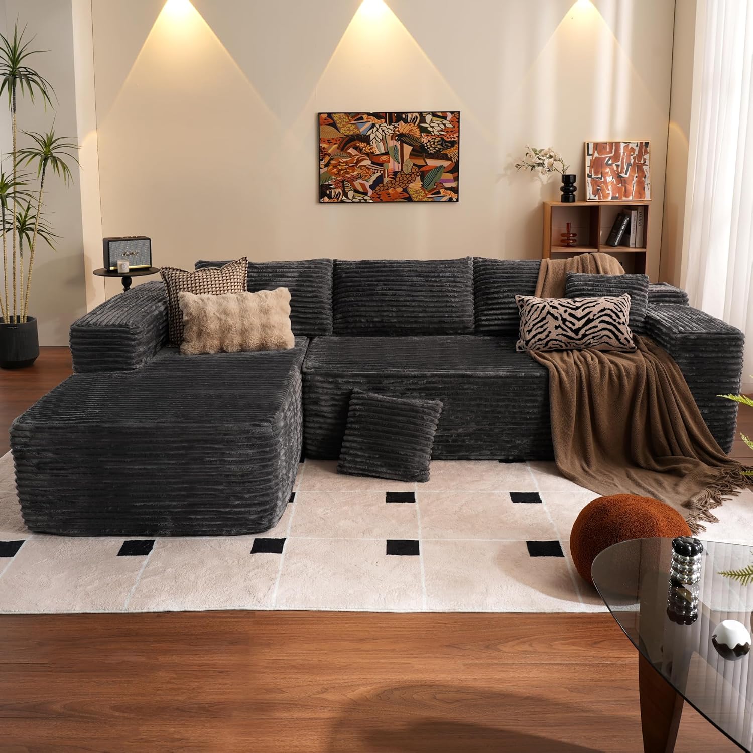 104" Cloud Sectional Couch with L-Shape Chaise,Modern Modular Sofa with Deep Seat, Upholstered Couches for Living Room Bedroom,No Assembly Required, Black (Plush Corduroy Fabric)🏆