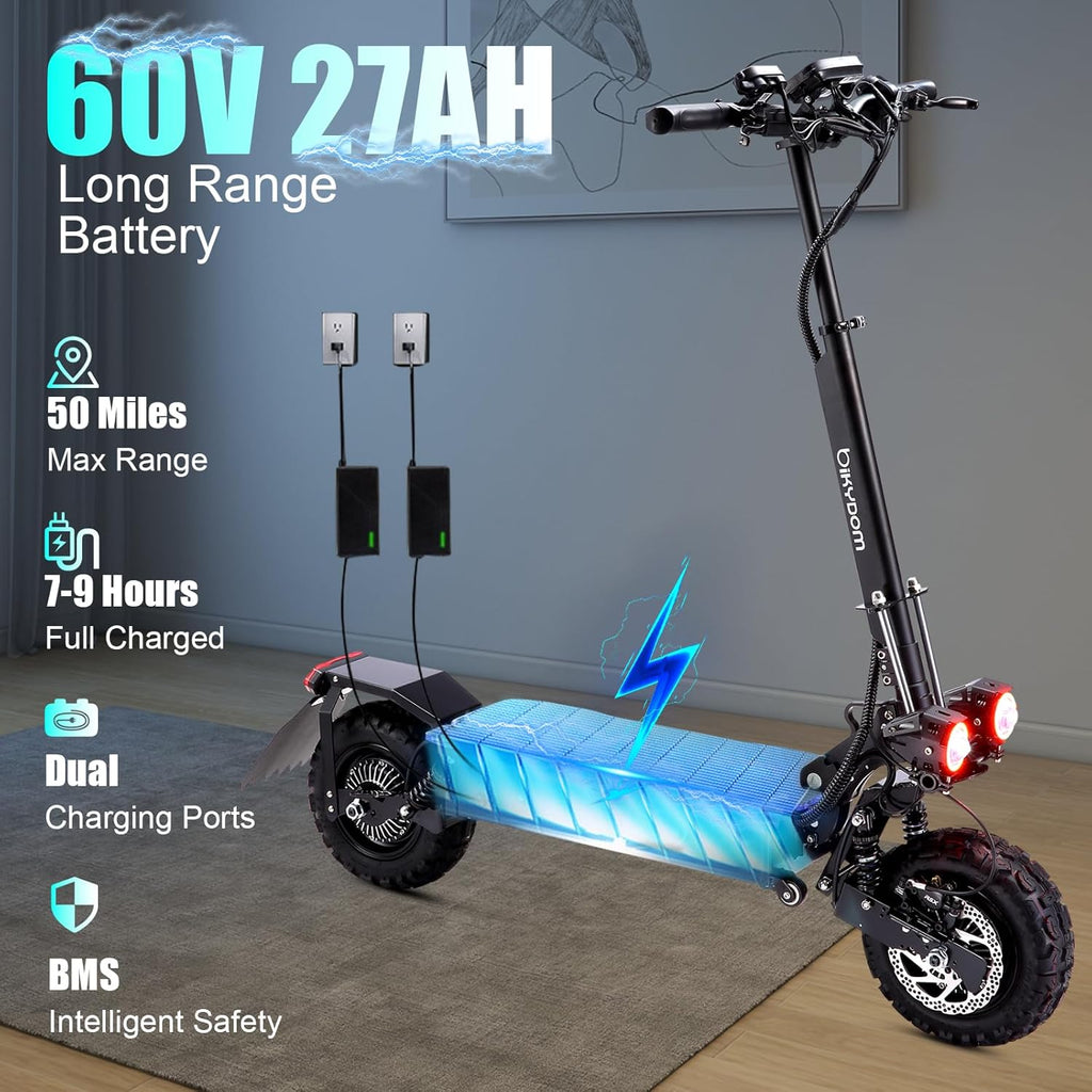 Electric Scooter for Adults 5600W Dual Motors, 50MPH & 50 Miles Range, 60V 27Ah Battery, Foldable Heavy Duty E Scooter, 11" Off Road Tires Fast Electric Scooter with Seat🏆