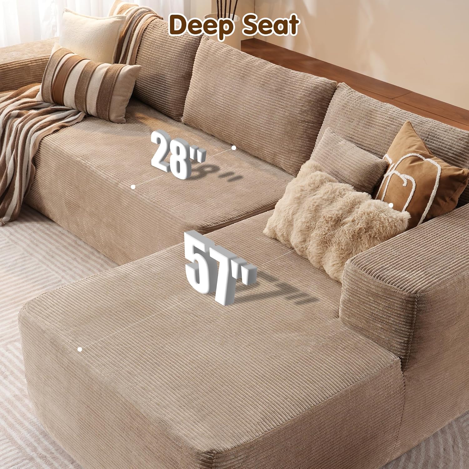 104" Cloud Sectional Couch with L-Shape Chaise,Modern Modular Sofa with Deep Seat, Upholstered Couches for Living Room Bedroom,No Assembly Required, Black (Plush Corduroy Fabric)🏆