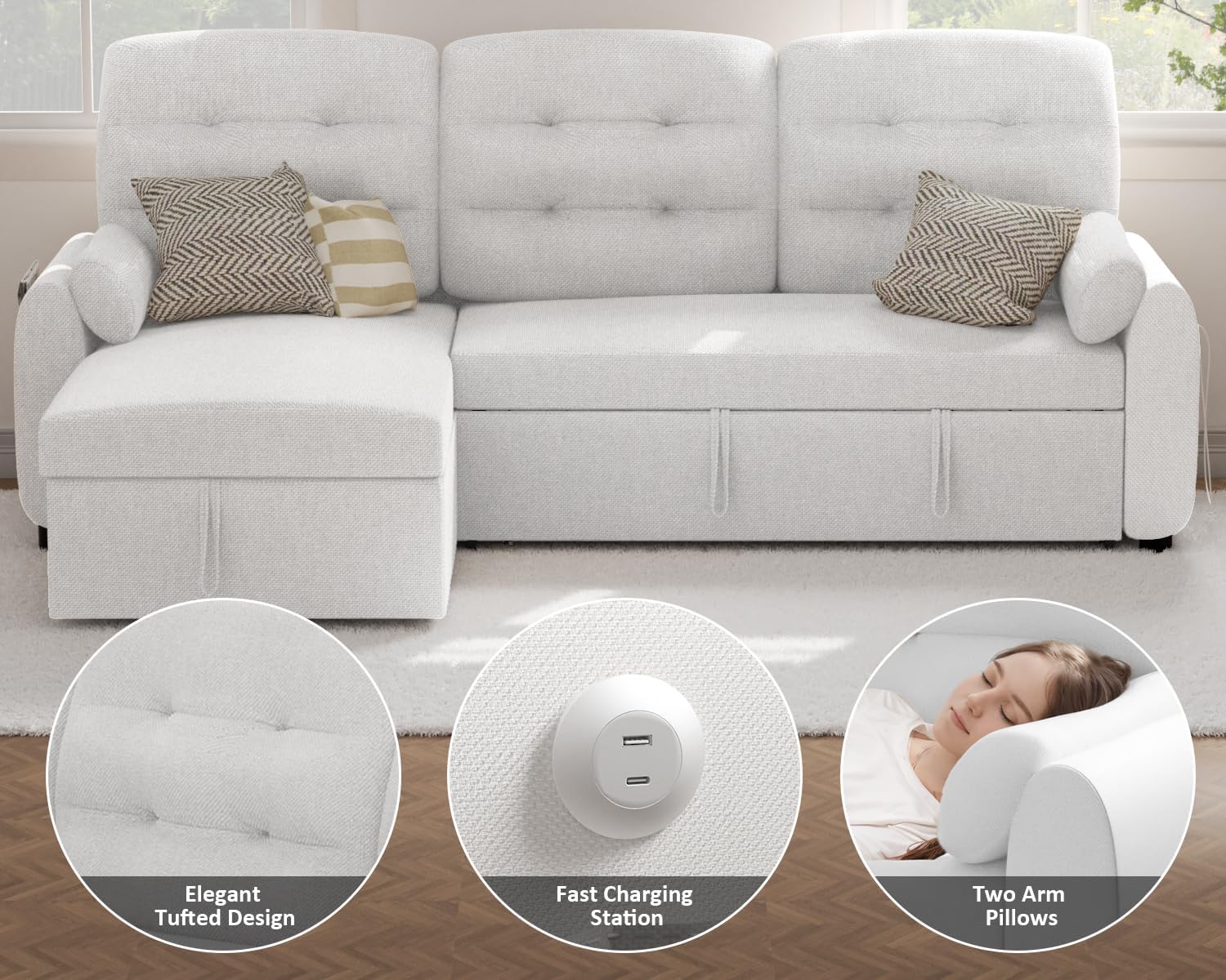 Sectional Sofa Couch, 87" Sleeper Sofa Bed with Reversible Storage Chaise Pull Out Couch🏆