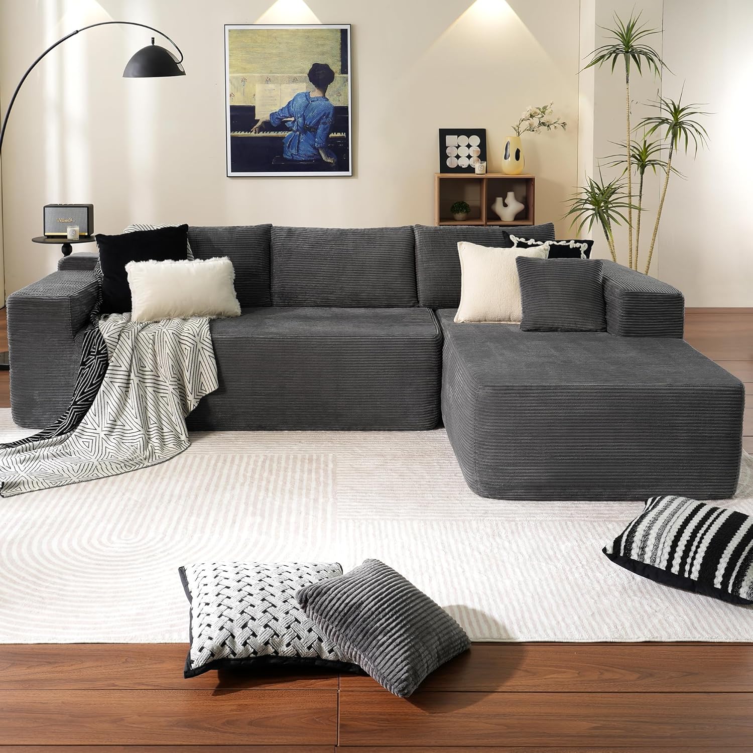 104" Cloud Sectional Couch with L-Shape Chaise,Modern Modular Sofa with Deep Seat, Upholstered Couches for Living Room Bedroom,No Assembly Required, Black (Plush Corduroy Fabric)🏆