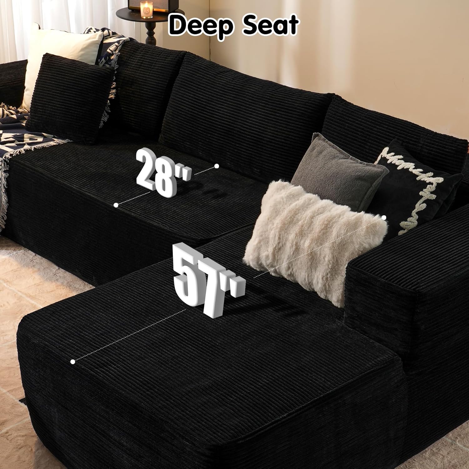104" Cloud Sectional Couch with L-Shape Chaise,Modern Modular Sofa with Deep Seat, Upholstered Couches for Living Room Bedroom,No Assembly Required, Black (Plush Corduroy Fabric)🏆
