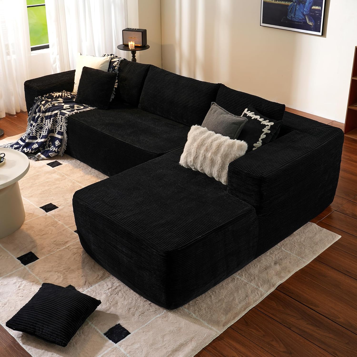 104" Cloud Sectional Couch with L-Shape Chaise,Modern Modular Sofa with Deep Seat, Upholstered Couches for Living Room Bedroom,No Assembly Required, Black (Plush Corduroy Fabric)🏆