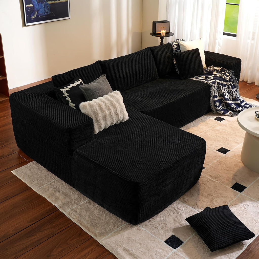 104" Cloud Sectional Couch with L-Shape Chaise,Modern Modular Sofa with Deep Seat, Upholstered Couches for Living Room Bedroom,No Assembly Required, Black (Plush Corduroy Fabric)🏆