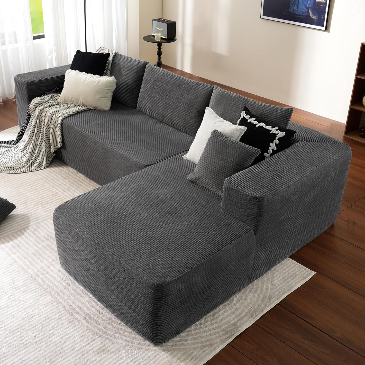 104" Cloud Sectional Couch with L-Shape Chaise,Modern Modular Sofa with Deep Seat, Upholstered Couches for Living Room Bedroom,No Assembly Required, Black (Plush Corduroy Fabric)🏆