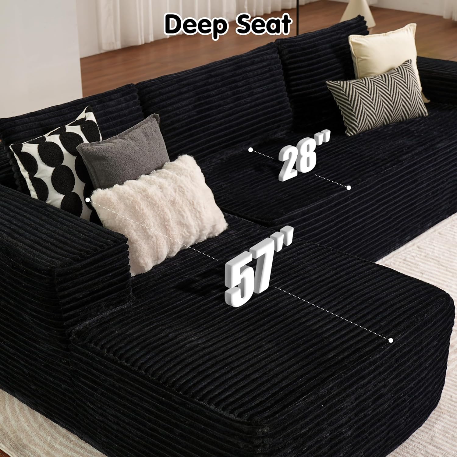 104" Cloud Sectional Couch with L-Shape Chaise,Modern Modular Sofa with Deep Seat, Upholstered Couches for Living Room Bedroom,No Assembly Required, Black (Plush Corduroy Fabric)🏆