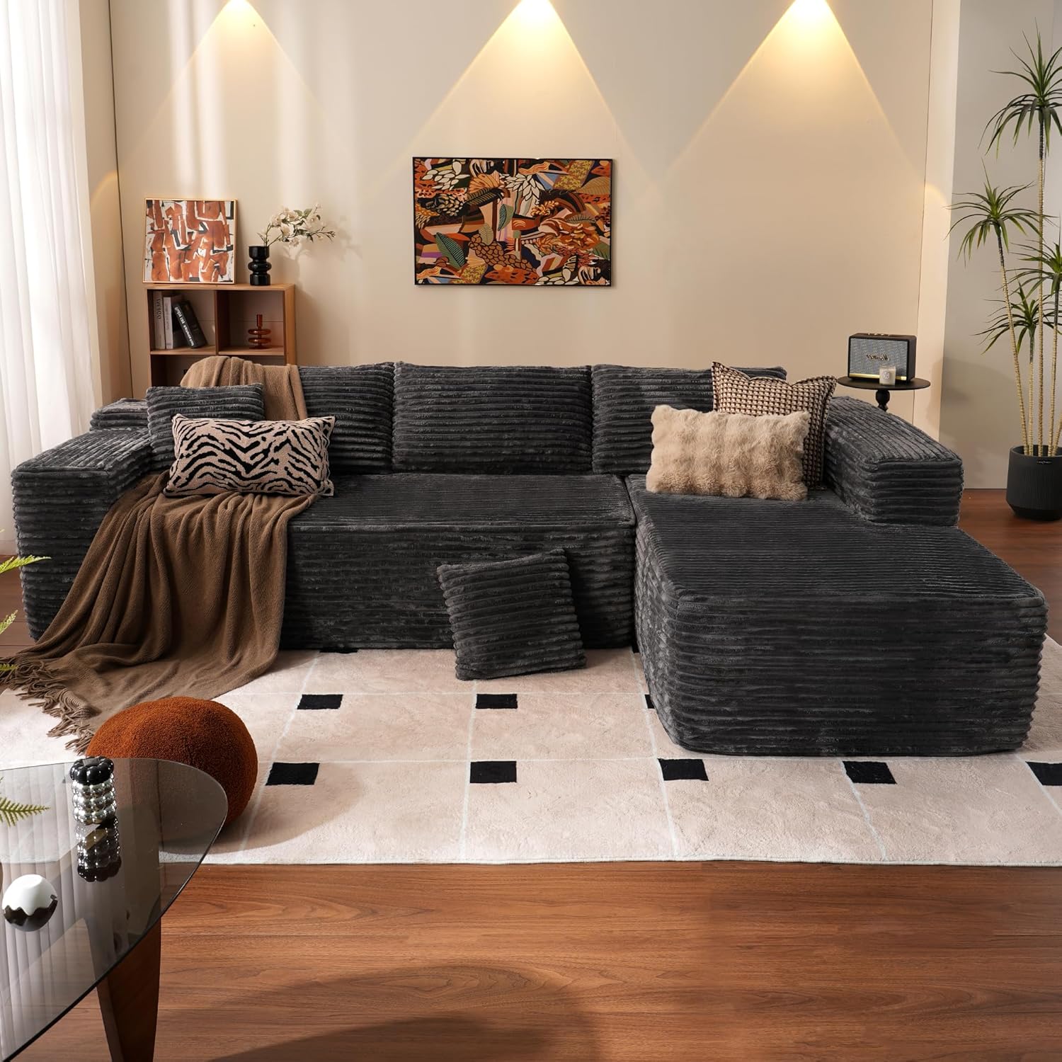 104" Cloud Sectional Couch with L-Shape Chaise,Modern Modular Sofa with Deep Seat, Upholstered Couches for Living Room Bedroom,No Assembly Required, Black (Plush Corduroy Fabric)🏆
