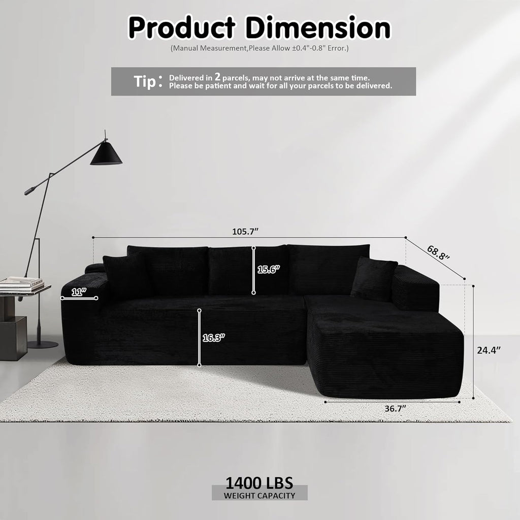 104" Cloud Sectional Couch with L-Shape Chaise,Modern Modular Sofa with Deep Seat, Upholstered Couches for Living Room Bedroom,No Assembly Required, Black (Plush Corduroy Fabric)🏆