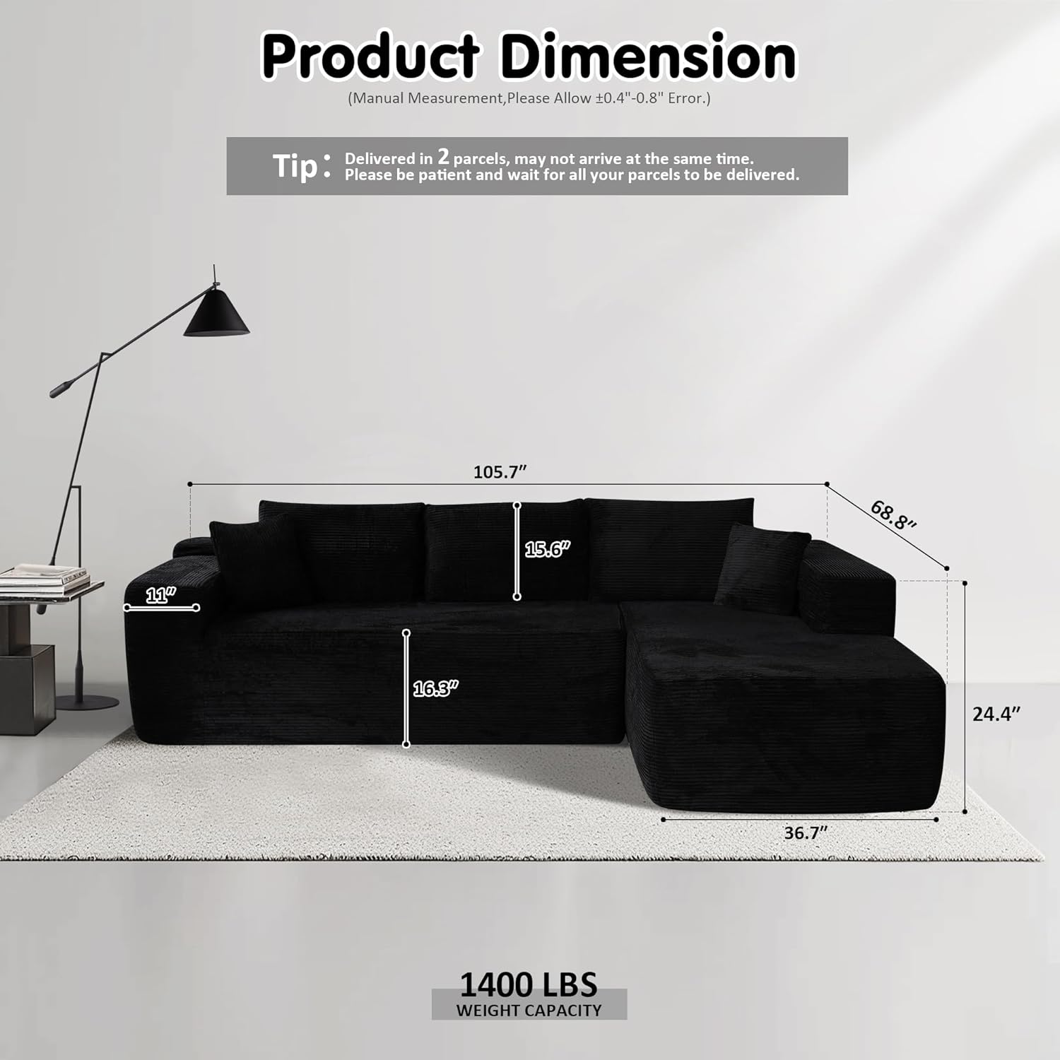 104" Cloud Sectional Couch with L-Shape Chaise,Modern Modular Sofa with Deep Seat, Upholstered Couches for Living Room Bedroom,No Assembly Required, Black (Plush Corduroy Fabric)🏆
