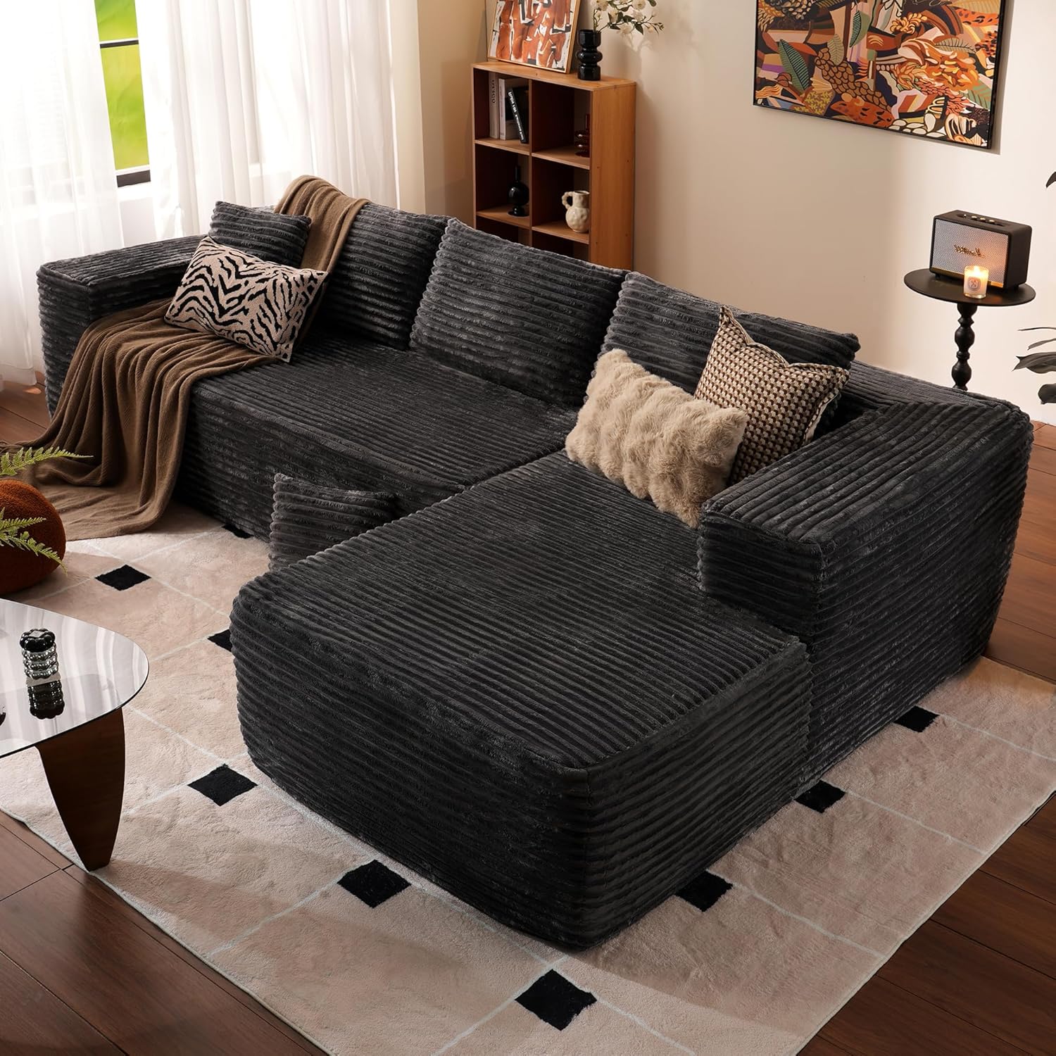 104" Cloud Sectional Couch with L-Shape Chaise,Modern Modular Sofa with Deep Seat, Upholstered Couches for Living Room Bedroom,No Assembly Required, Black (Plush Corduroy Fabric)🏆