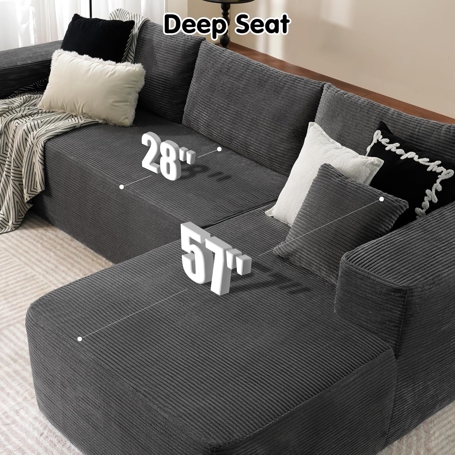 104" Cloud Sectional Couch with L-Shape Chaise,Modern Modular Sofa with Deep Seat, Upholstered Couches for Living Room Bedroom,No Assembly Required, Black (Plush Corduroy Fabric)🏆