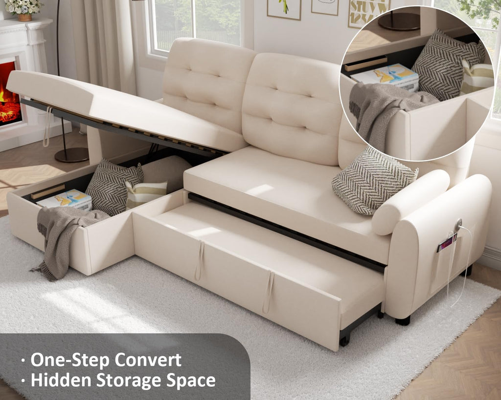 Sectional Sofa Couch, 87" Sleeper Sofa Bed with Reversible Storage Chaise Pull Out Couch🏆