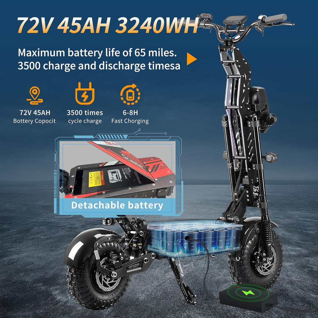 T90 Pro Electric Scooter for Adults, 10000W Dual Motor, 68 MPH Max Speed, 72V Removable Battery, 14" Off-Road Tires 800lbs Max Load, Music Light, Waterproof, 65 Mile Range, Fast E-Scooter🏆