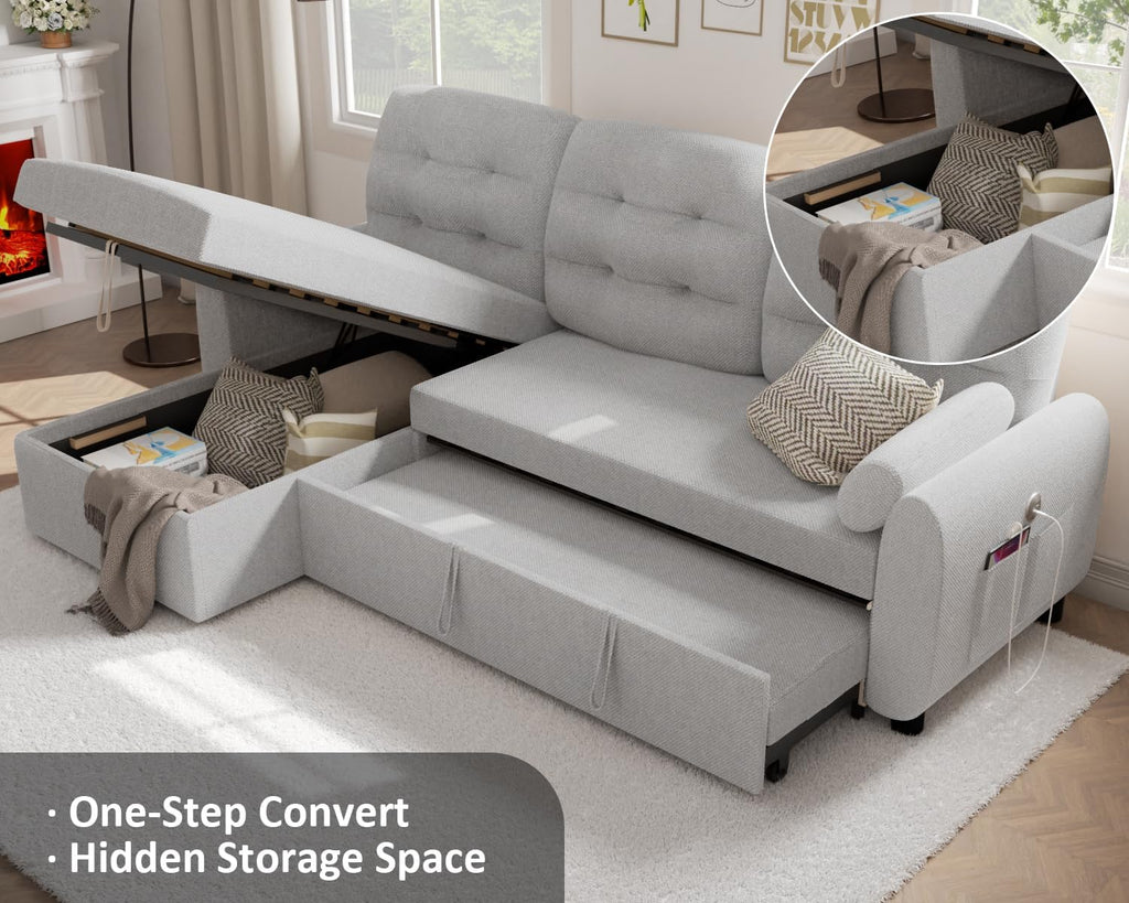 Sectional Sofa Couch, 87" Sleeper Sofa Bed with Reversible Storage Chaise Pull Out Couch🏆