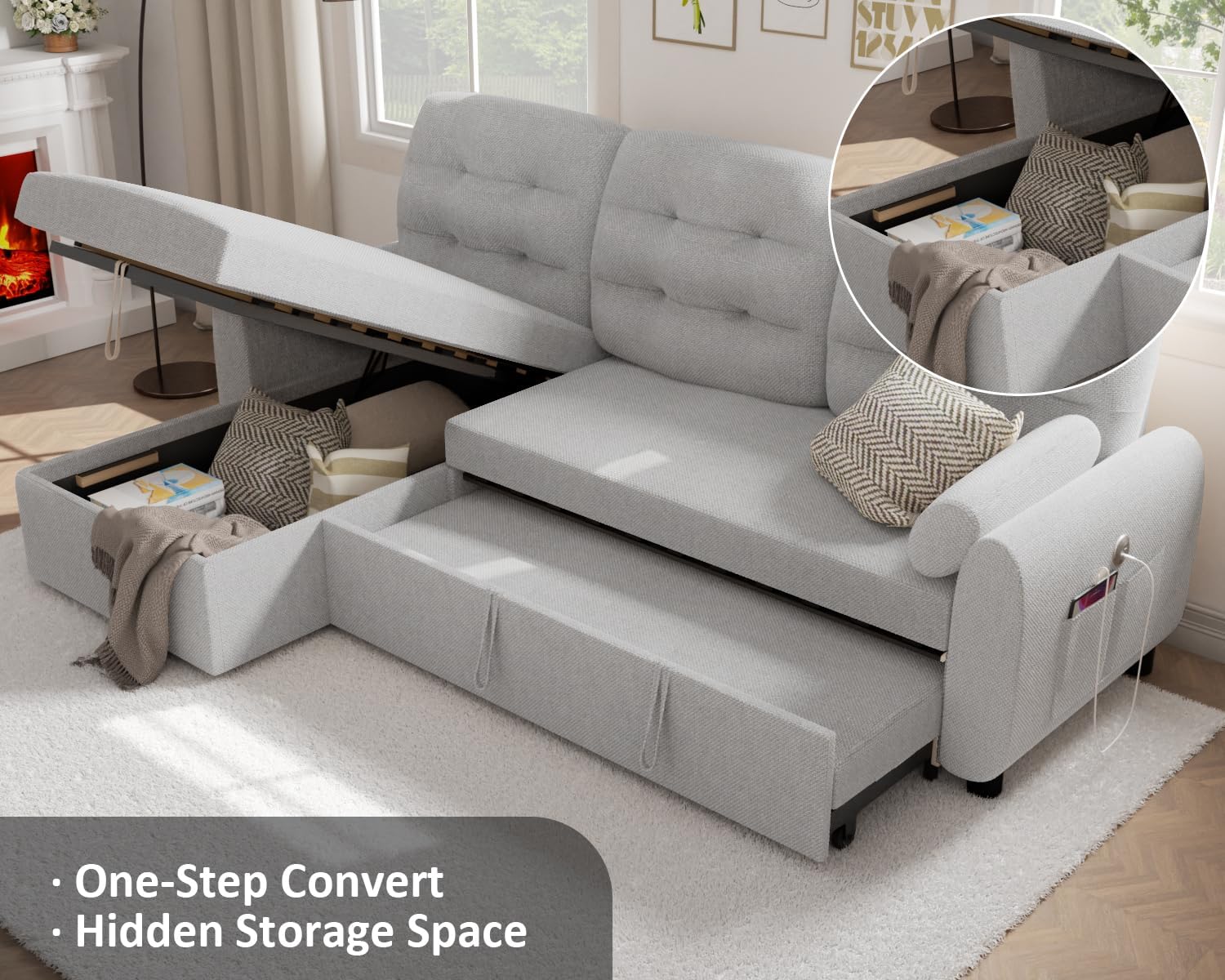 Sectional Sofa Couch, 87" Sleeper Sofa Bed with Reversible Storage Chaise Pull Out Couch🏆
