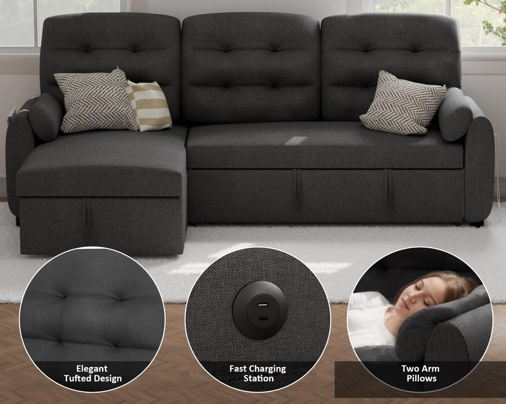 Sectional Sofa Couch, 87" Sleeper Sofa Bed with Reversible Storage Chaise Pull Out Couch🏆