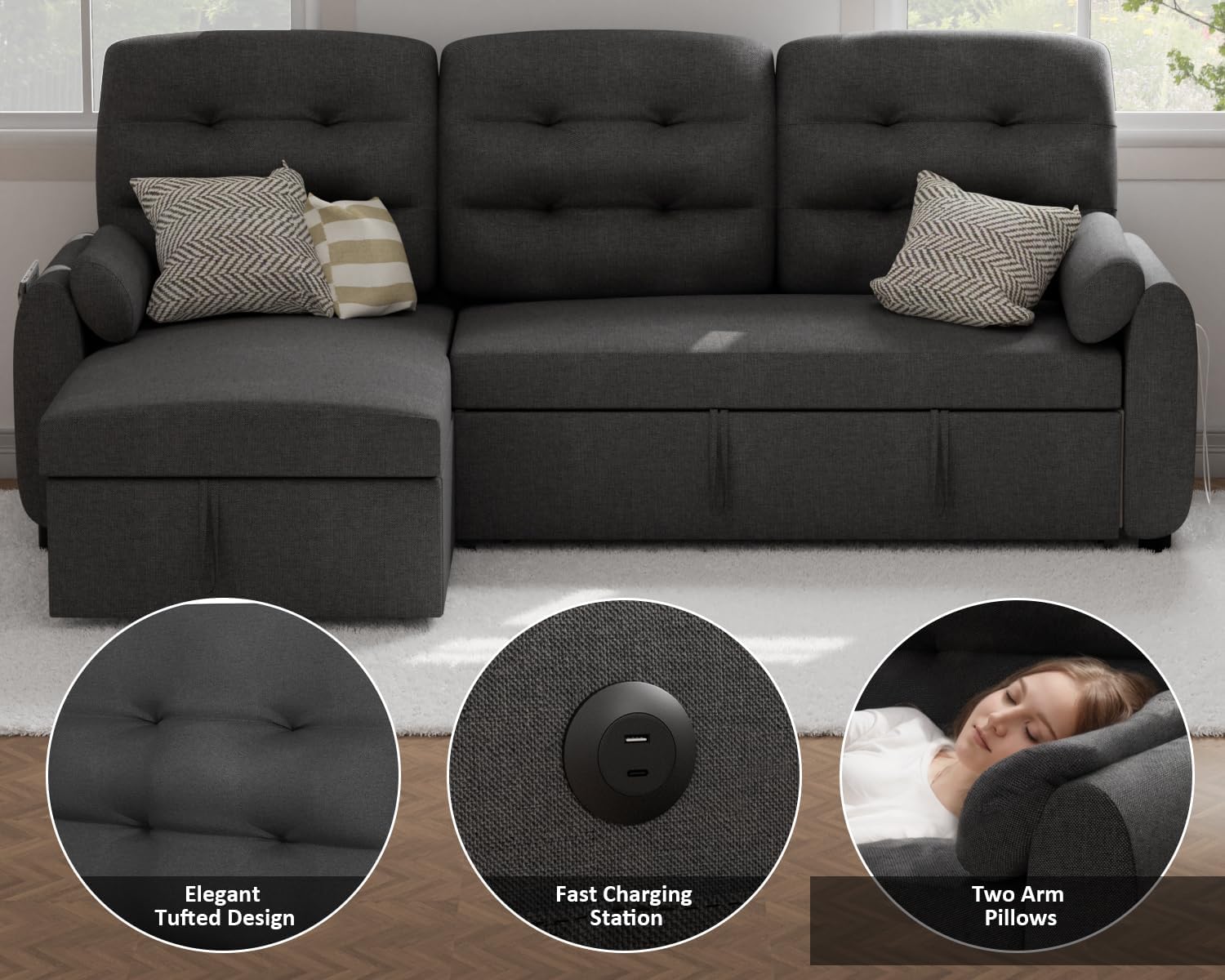 Sectional Sofa Couch, 87" Sleeper Sofa Bed with Reversible Storage Chaise Pull Out Couch🏆
