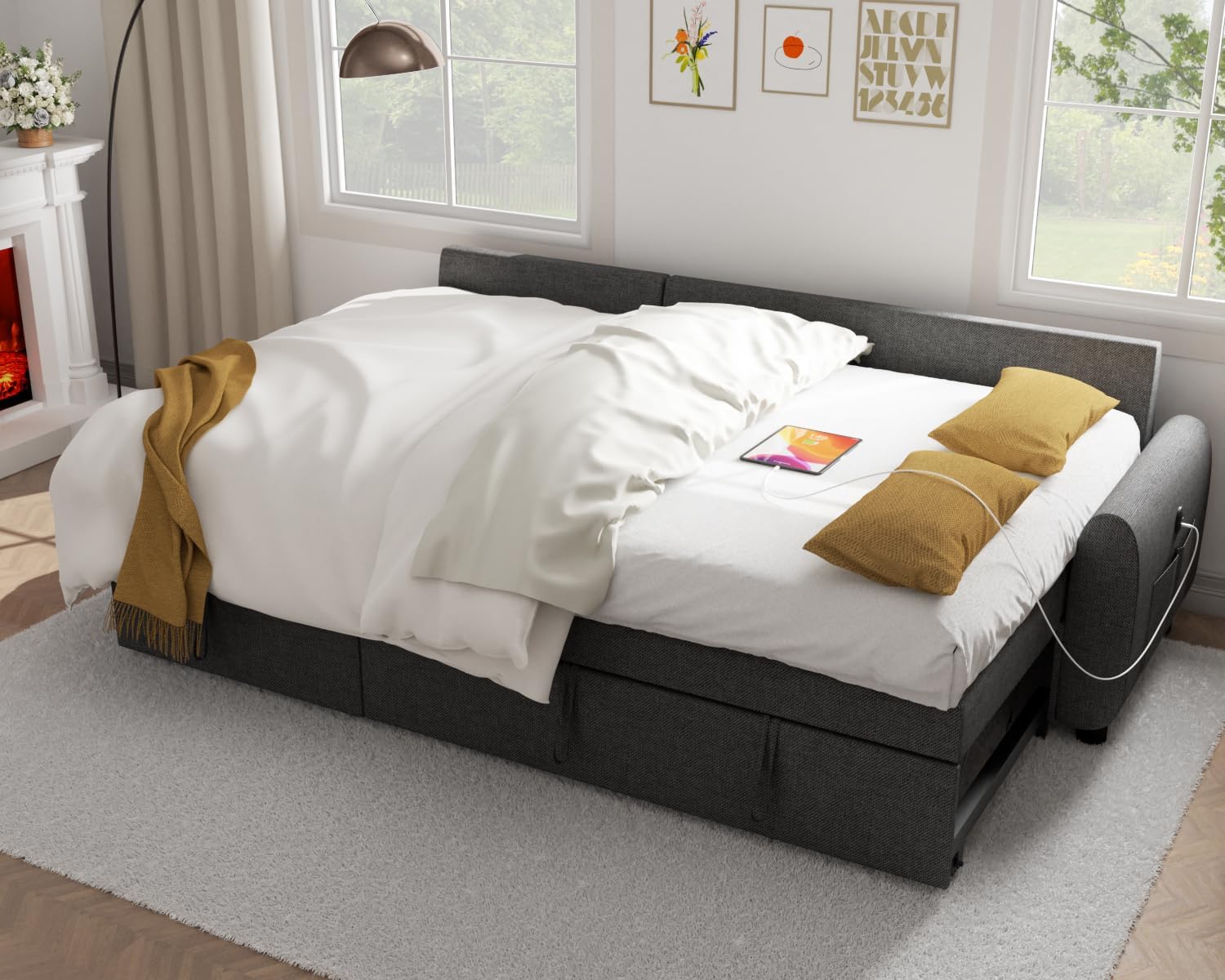 Sectional Sofa Couch, 87" Sleeper Sofa Bed with Reversible Storage Chaise Pull Out Couch🏆