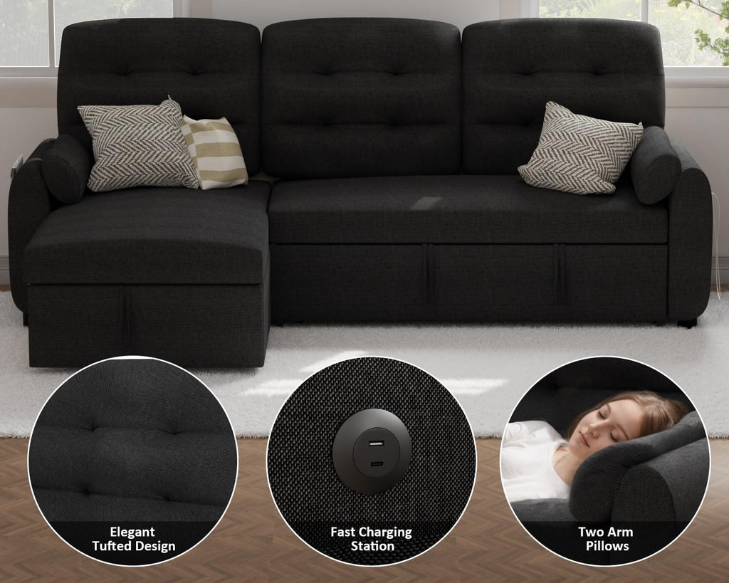 Sectional Sofa Couch, 87" Sleeper Sofa Bed with Reversible Storage Chaise Pull Out Couch🏆