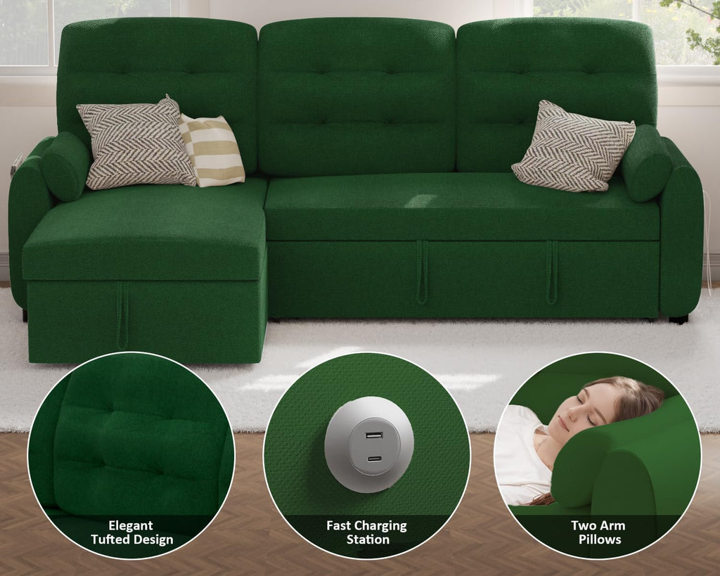 Sectional Sofa Couch, 87" Sleeper Sofa Bed with Reversible Storage Chaise Pull Out Couch🏆