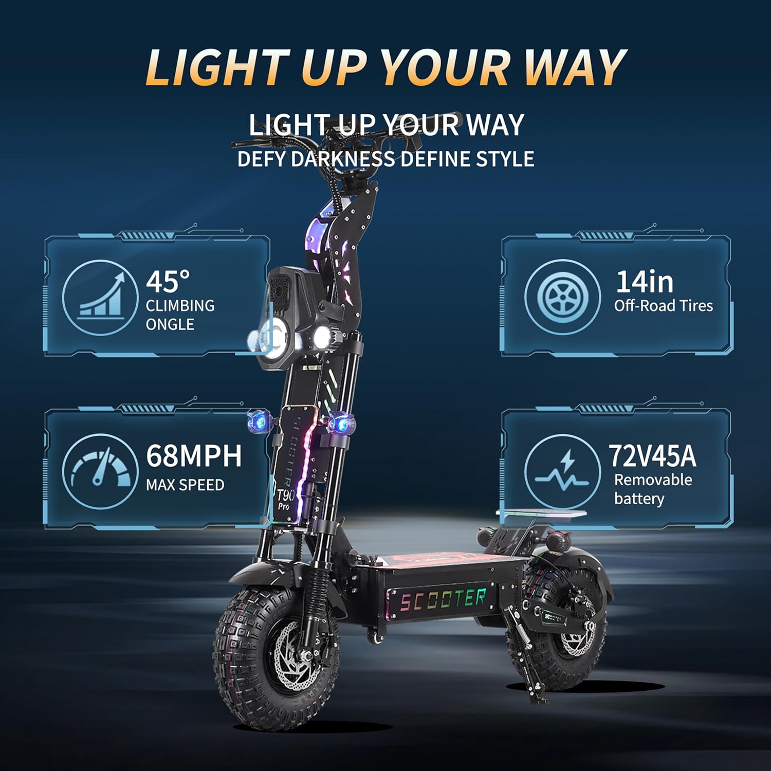 T90 Pro Electric Scooter for Adults, 10000W Dual Motor, 68 MPH Max Speed, 72V Removable Battery, 14" Off-Road Tires 800lbs Max Load, Music Light, Waterproof, 65 Mile Range, Fast E-Scooter🔥