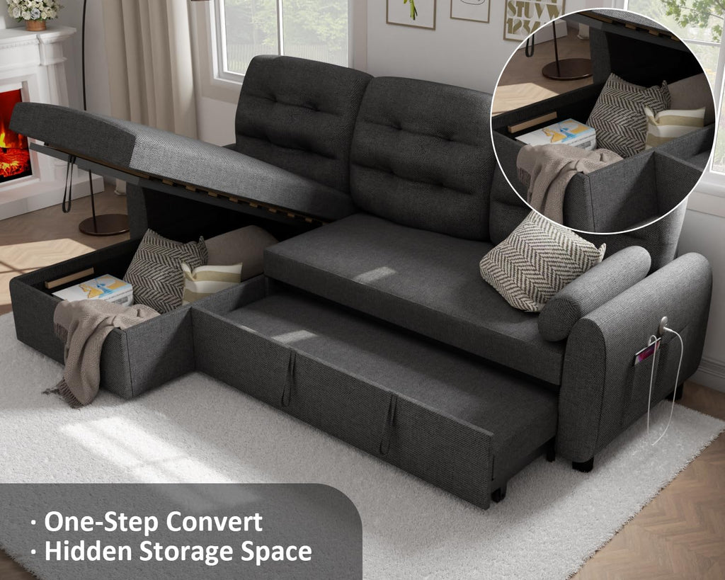 Sectional Sofa Couch, 87" Sleeper Sofa Bed with Reversible Storage Chaise Pull Out Couch🏆