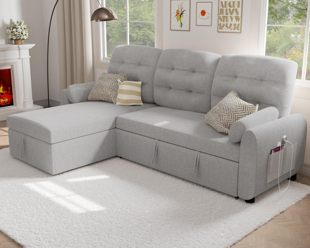 Sectional Sofa Couch, 87" Sleeper Sofa Bed with Reversible Storage Chaise Pull Out Couch🏆